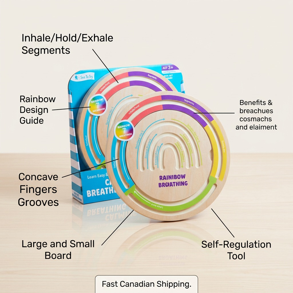 E-commerce graphic of calming breathing boards with callout texts highlighting design, grooves, and self-regulation benefits.