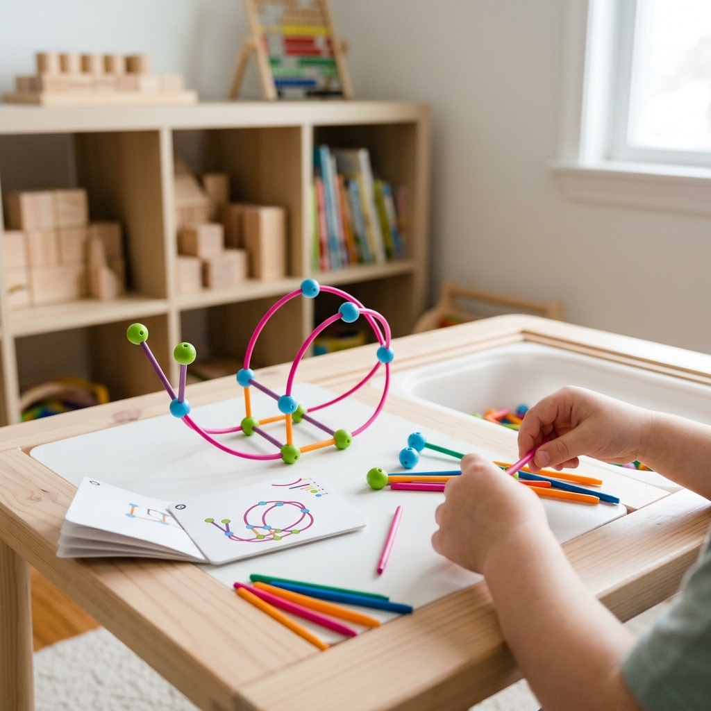 A child's hands build a skeletal snail model from colorful pieces, following an instruction card, in a playroom with natural light.