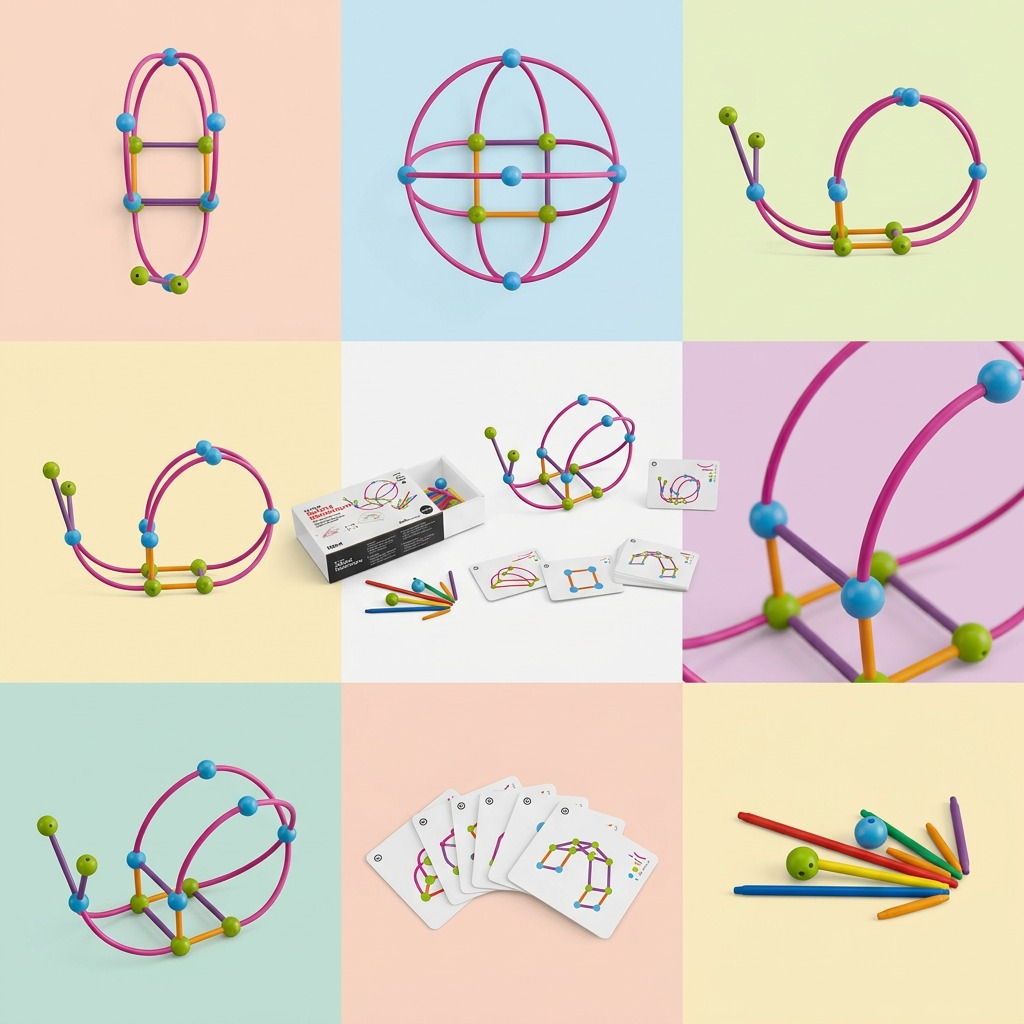 A premium e-commerce product matrix displaying multiple specific configurations and views of the fdmt Busy Play Skeletal system set, including different structure shapes and an overhead view of individual pieces.