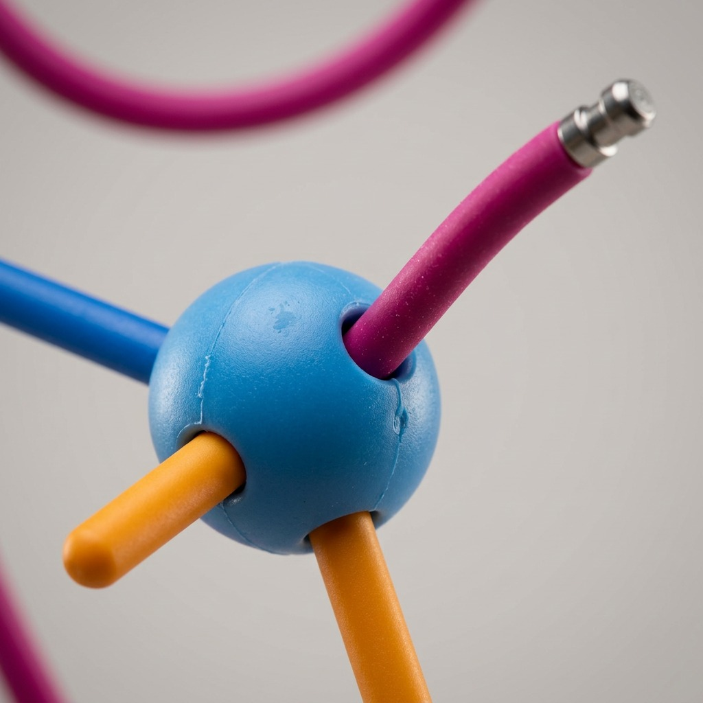 Macro close-up of a blue connective sphere, showing holes and the magenta bendable rod, orange stick, and blue stick securely inserted. Focus highlights material textures and tolerances.
