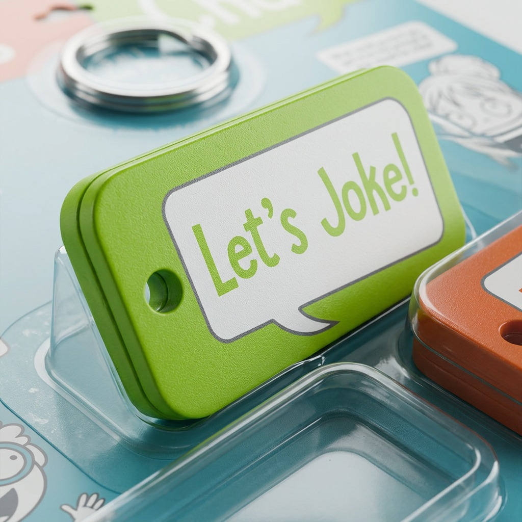 A high-resolution, centered view of the Let's Chat!, Let's Joke!, and Let's Think! key fobs on a pure white background.
