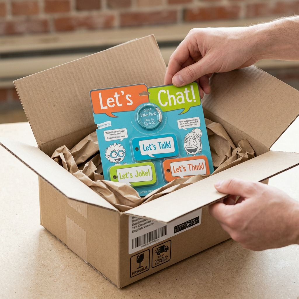 A photograph of the 'Let's Chat!' package by fdmt inside an open, protective cardboard shipping box.
