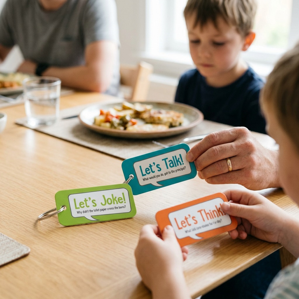 A close-up shot of fdmt "Let's Talk!, Let's Joke!, Let's Think!" conversation cards (English version) being held and used by people on a wooden table. Small, portable, colorful cards with questions and jokes. No packaging, just the ready-to-use product.