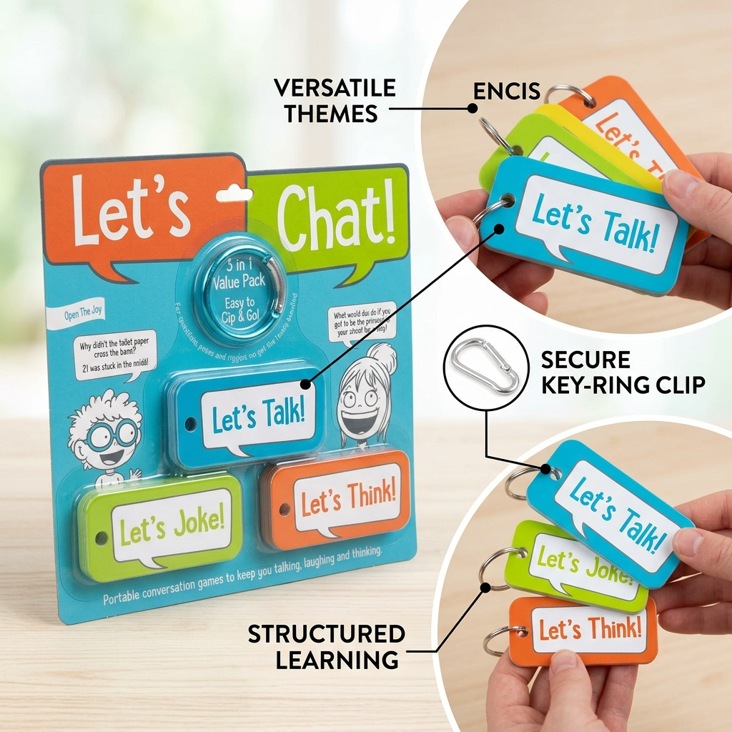 A clean ecommerce graphic of the Let's Chat! conversation cards with technical callouts and a split view.