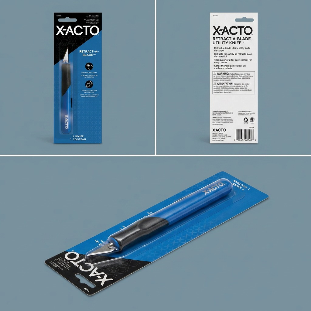 A matrix of three images displays the X-ACTO X3204 utility knife in its blue packaging from different visual perspectives.