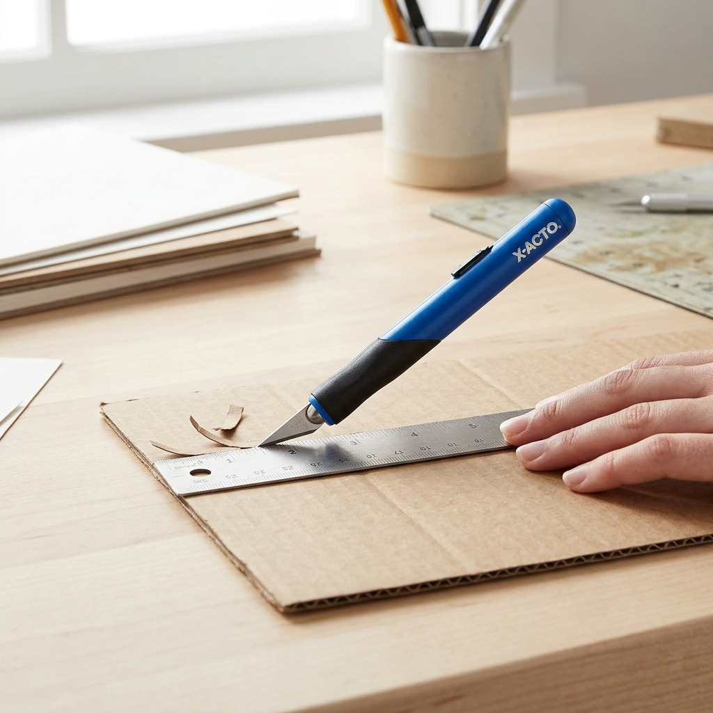 A close-up shot of the X-ACTO X3204 Retract-A-Blade knife, with the blade safely retracted, being held by a hand and guided along a ruler for a precision cut on cardboard, demonstrating its utility.