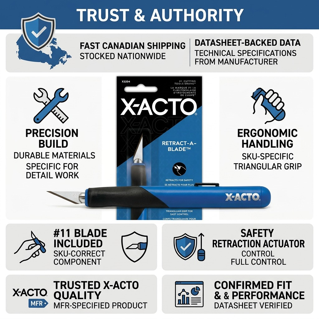 Infographic on trust and authority for X-ACTO Retract-A-Blade utility knife (SKU X3204).<ctrl46>