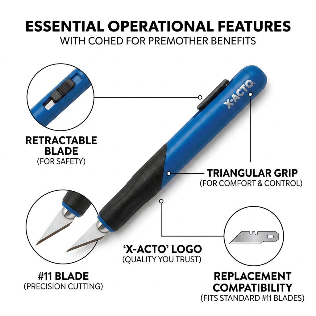 PD6 matrix: features of the blue X-ACTO Retract-A-Blade utility knife.