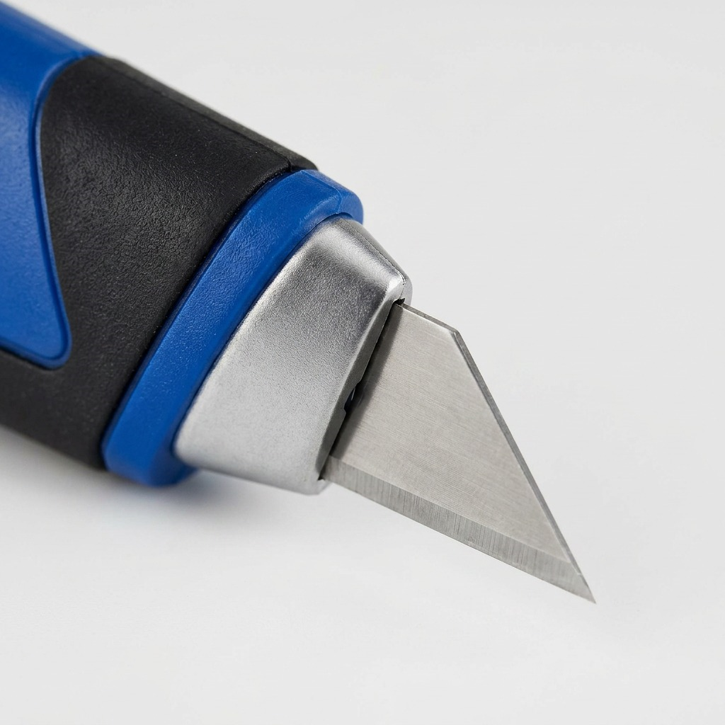 A macro photo of the X-ACTO knife's rubber grip and blade point, emphasizing texture and focus.