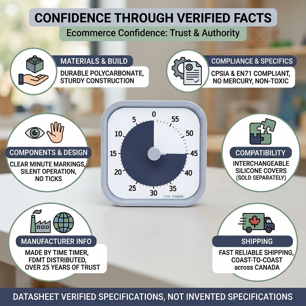 Infographic for Time Timer MOD Home Edition, detailing verified product facts and specifications.