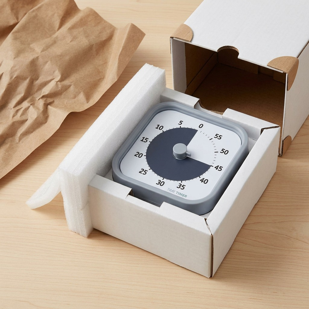 The T T M O D Home Edition timer is safely nestled in protective cardboard packaging, showing secure shipping.