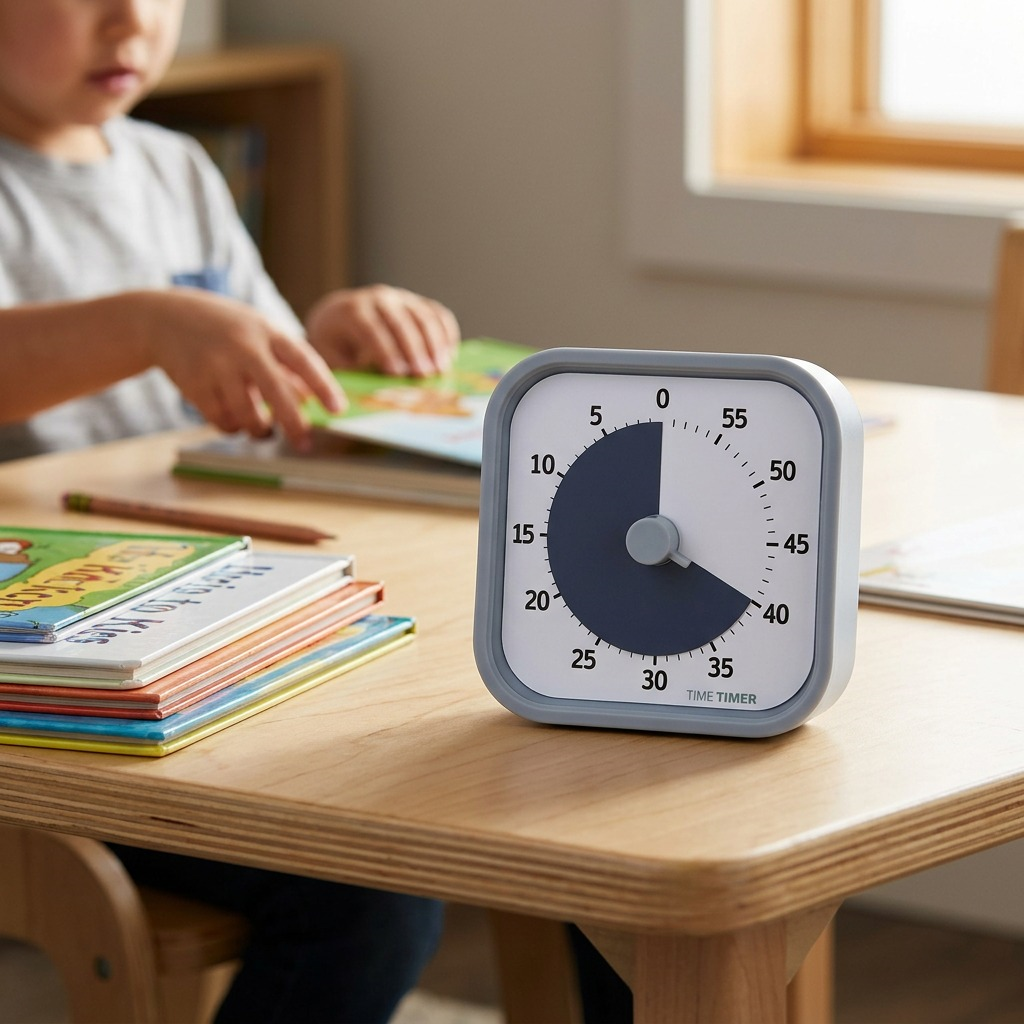 A photo of the Time Timer MOD Home Edition in pale shale, sitting on a natural wood surface next to a stack of children's books and a pencil in a home learning environment.