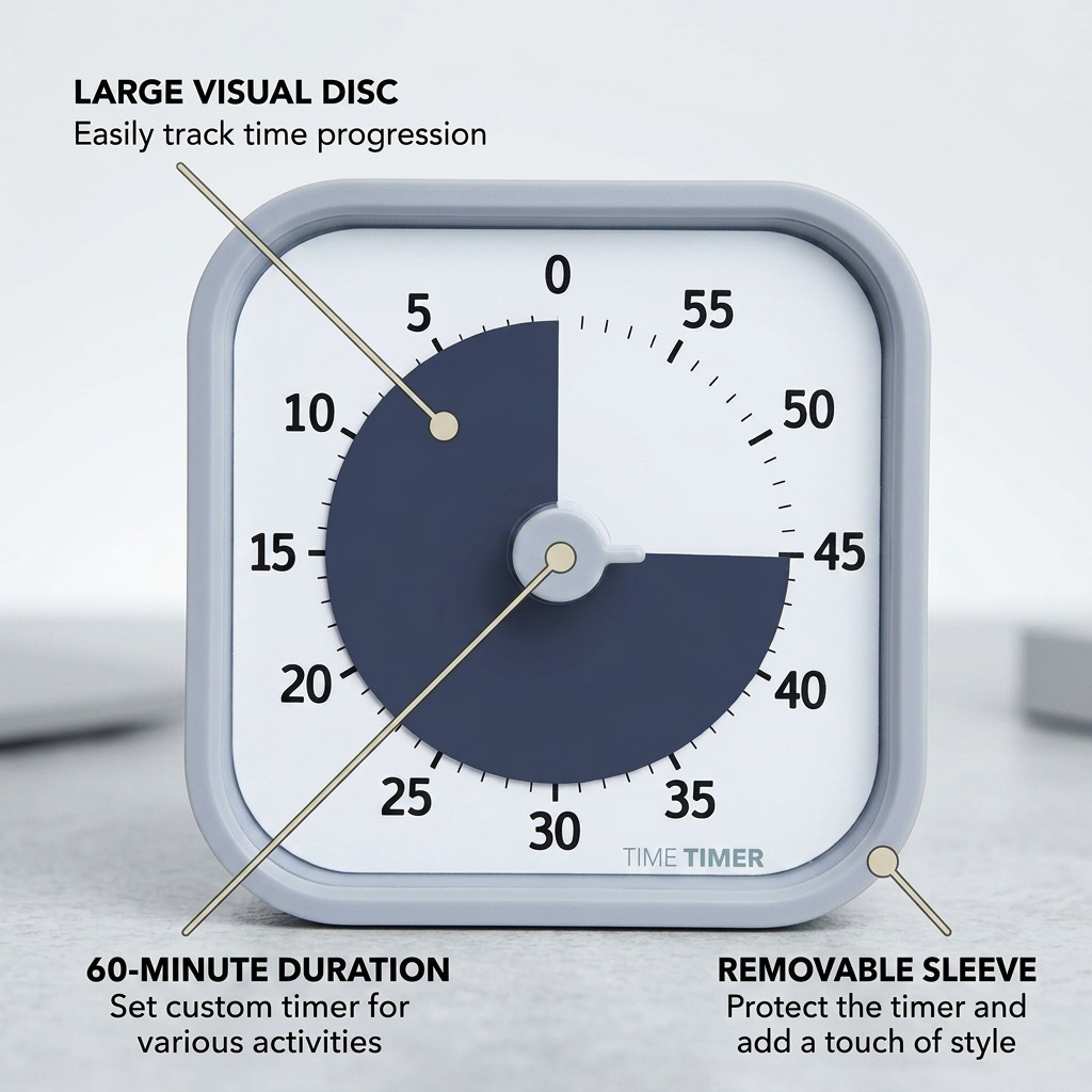 A 1200x1200px infographic image showing a detailed, close-up view of the 4225400 Time Timer MOD with 3 main features: 60-Minute Dial, Large Visual Diso, and Removable Sleeve. Short text callouts with clean pointer lines highlight these features against a neutral grey background with a wood grain texture, emphasizing simplified time perception.
