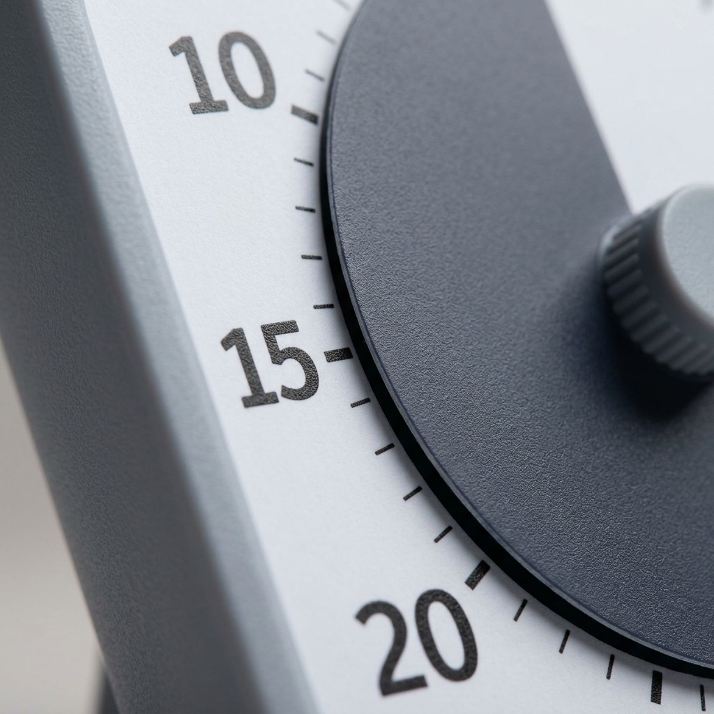 Extreme close-up of fdmt Time Timer dial, showing textured plastic, printed markers, grey center knob, and a segment of the charcoal-colored disc.