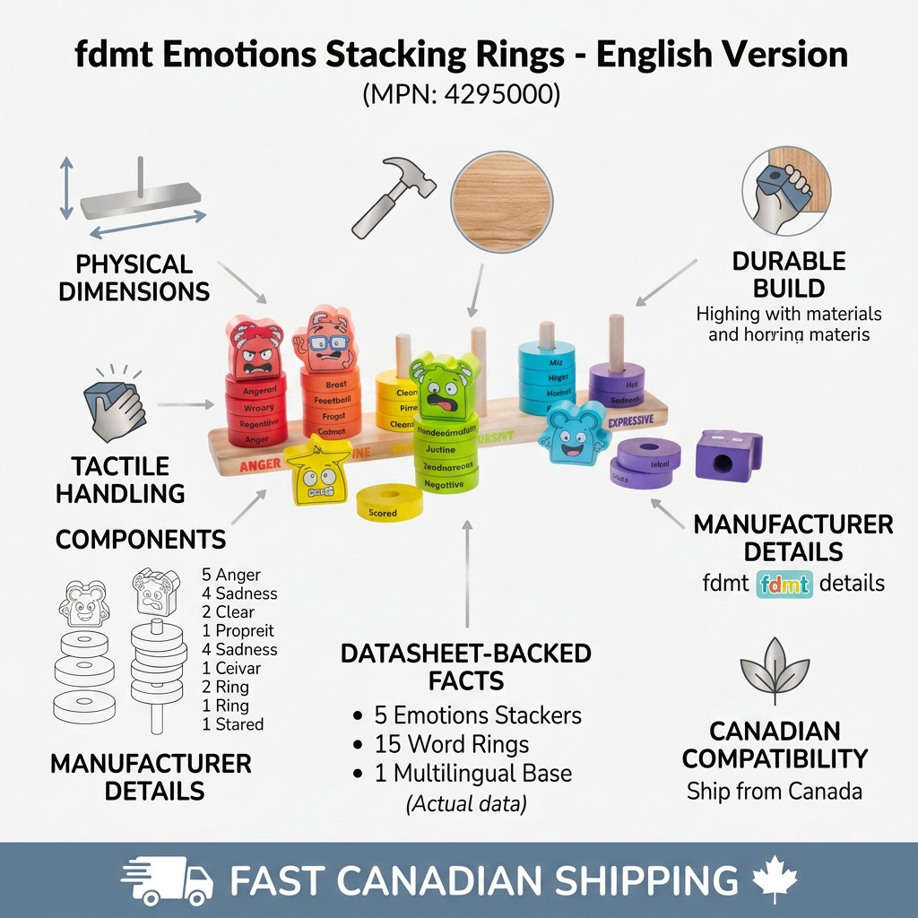 Infographic with factual cues and icons detailing the fdmt Emotions Stacking Rings and fast Canadian shipping.