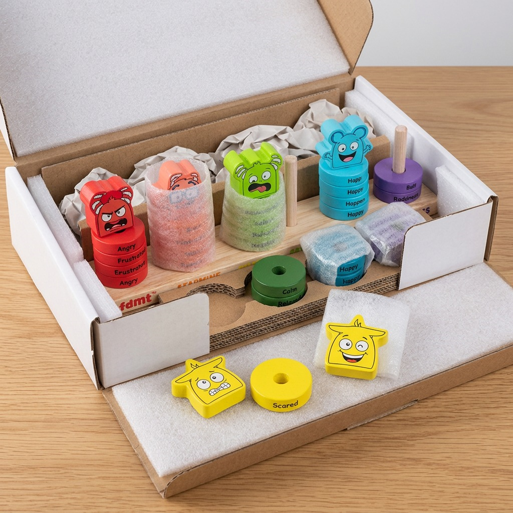 A realistic image showing the protected wooden stacking rings in a shipping container, ready for unboxing.