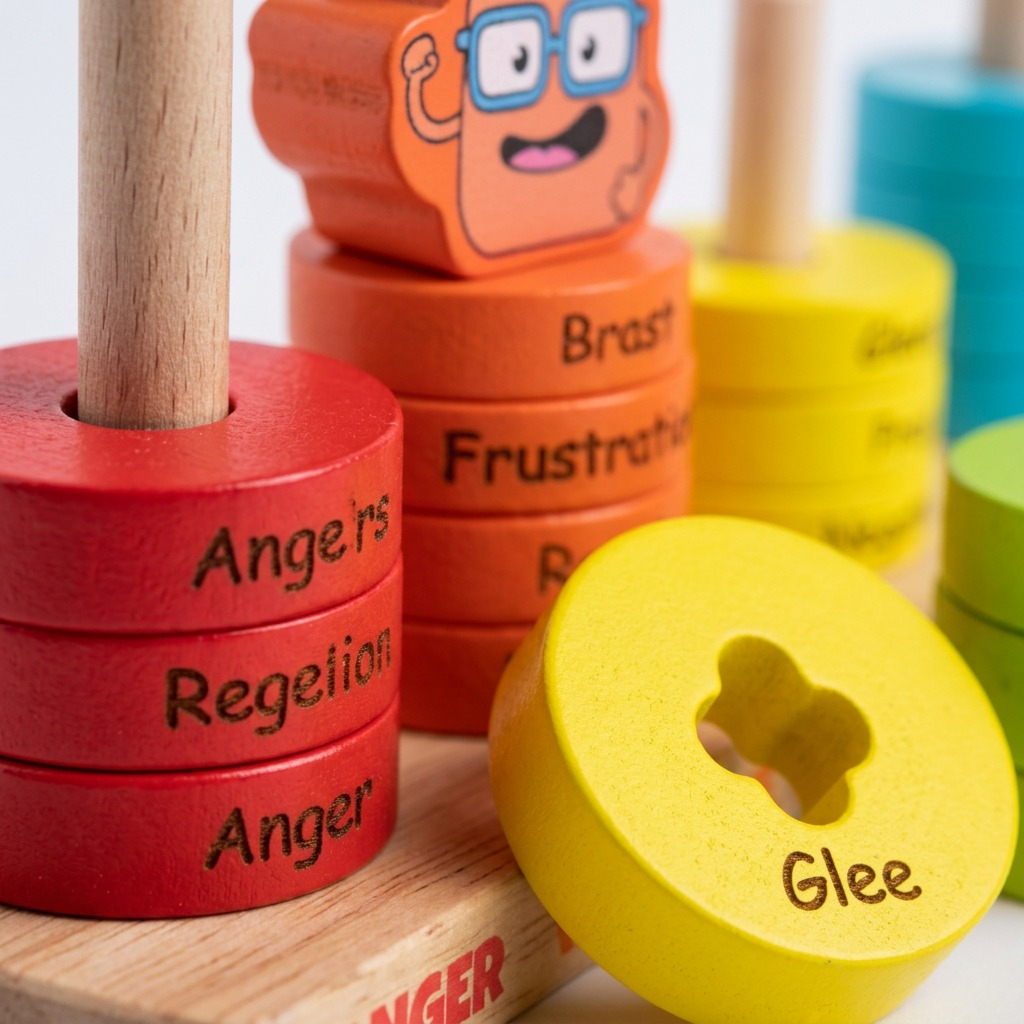 Macro shot of colorful wooden emotion rings on pegs, text visible.