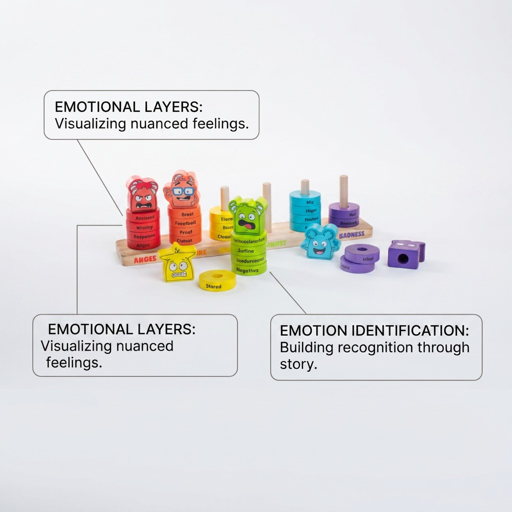 Feature diagram of fdmt Emotions Stacking Rings, calling out key social-emotional features.