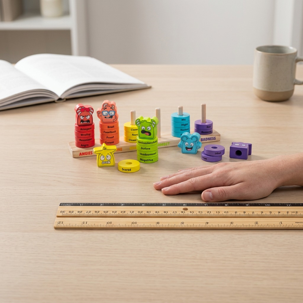 A scale-reference image showing the fdmt Emotions Stacking Rings, matching the visual input, placed neatly on a light wood desk next to a standard yellow adult hand, illustrating its physical dimensions and portability. A ruler laid beside the toy confirms its scale. Diffused natural light and a clean background define the scene.