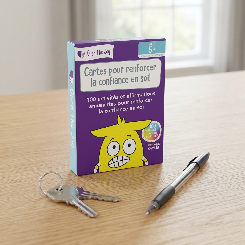 Scale reference image shows small self-confidence card box next to a standard pen and keys on a desk.