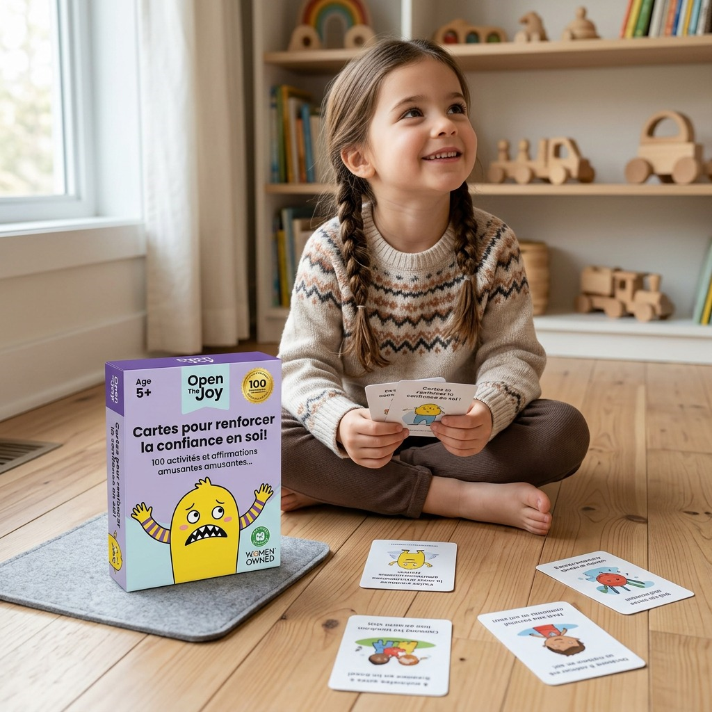 A small girl on a wooden floor smiles, holding an "Open The Joy" self-confidence card.