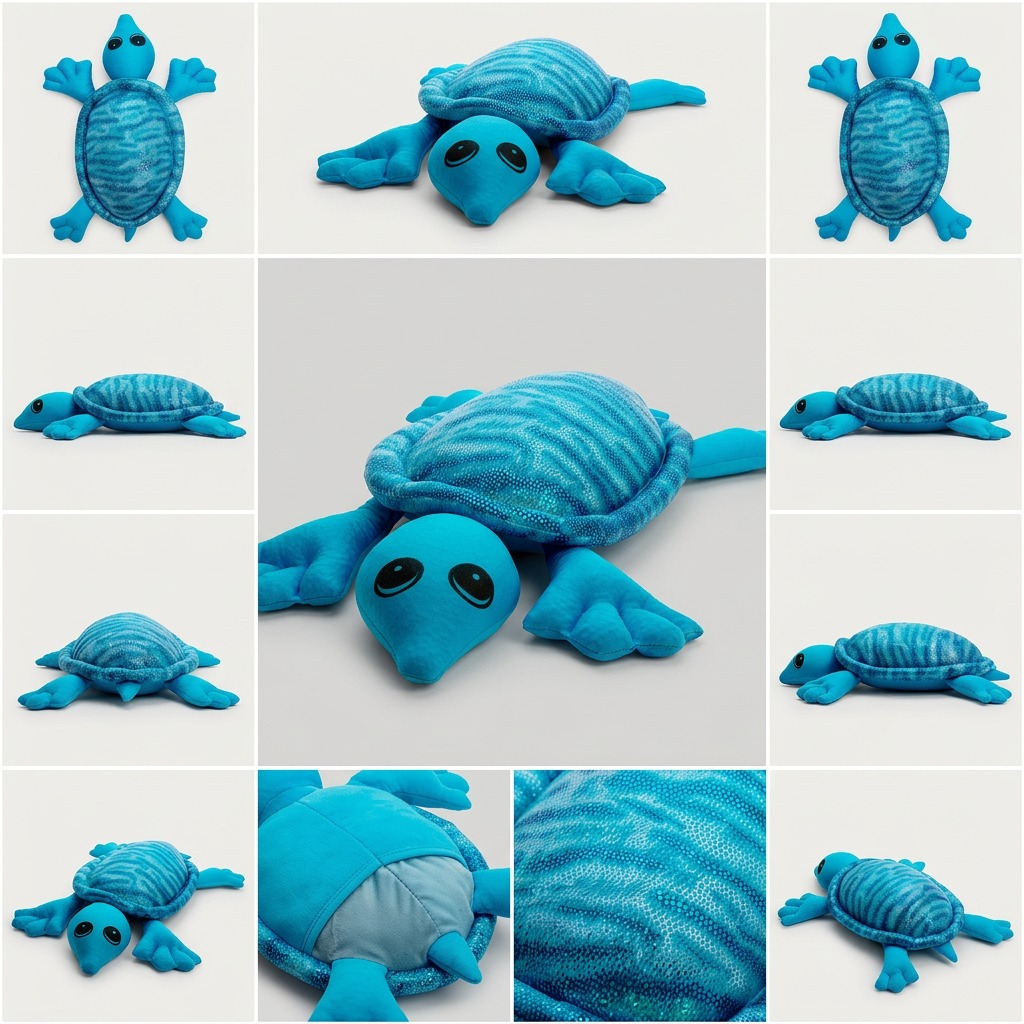 A crisp, high-resolution hero shot of the 2kg manimo Weighted Turtle, centered against a pure white background, showcasing its vibrant blue colors and distinctive materials.