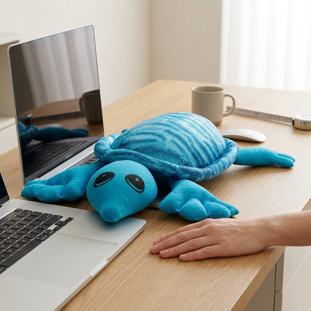 Scale reference photo: The 2kg weighted blue plush turtle on a wooden desk next to a laptop and hand.