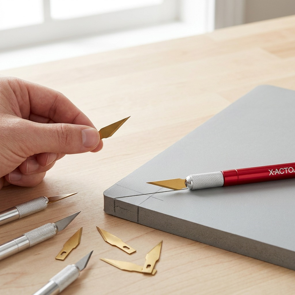 A person holds a gold zirconium nitride X-ACTO Z-Series #11 blade over a grey craft cutting mat.