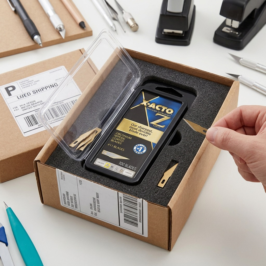 X-ACTO Z-Series #11 blades 100-pack in a secure foam-lined shipping box with professional labeling.