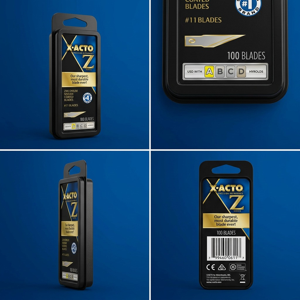 Grid showing X-ACTO Z-Series #11 blade packaging from front, side, and back angles on blue background.