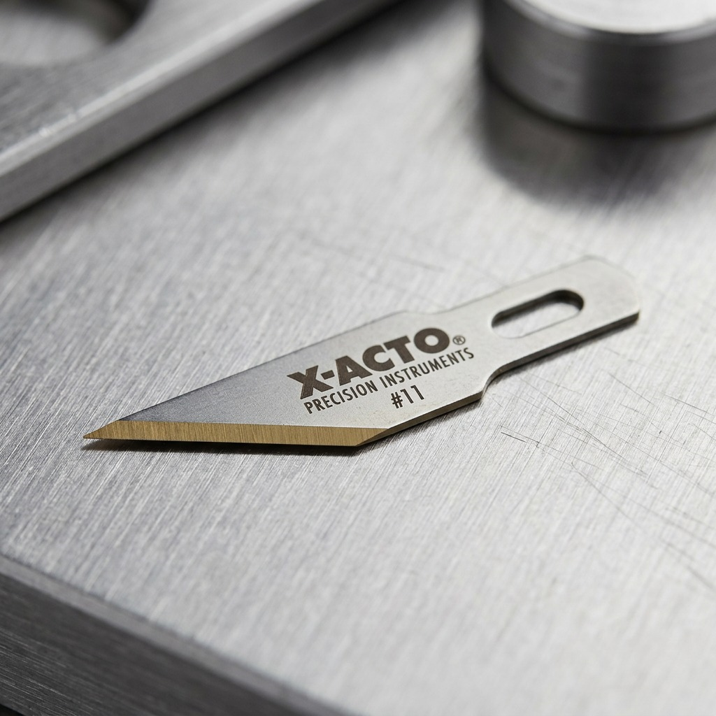 Macro detail of X-ACTO Z-Series #11 blade showing the gold zirconium nitride edge and logo.