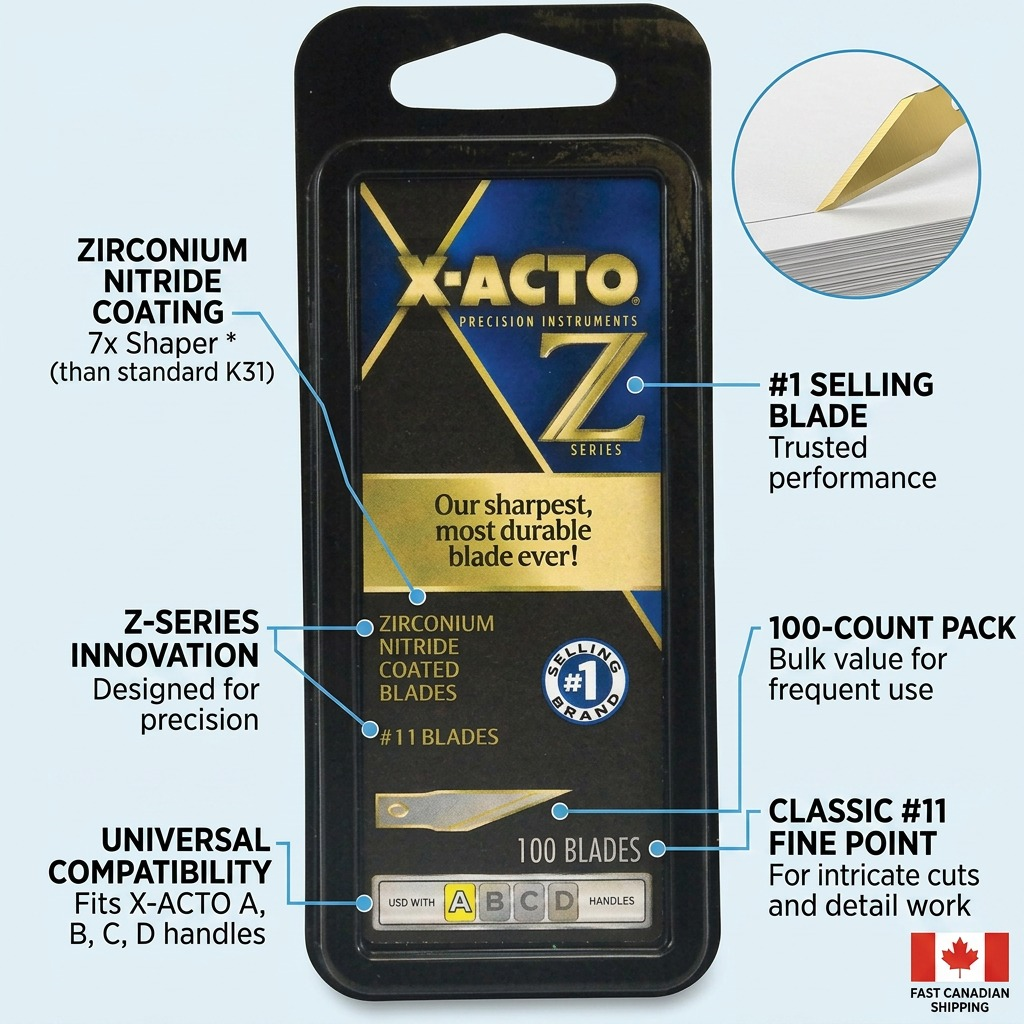 X-ACTO Z-Series #11 blade 100-pack with technical callouts highlighting zirconium nitride coating.