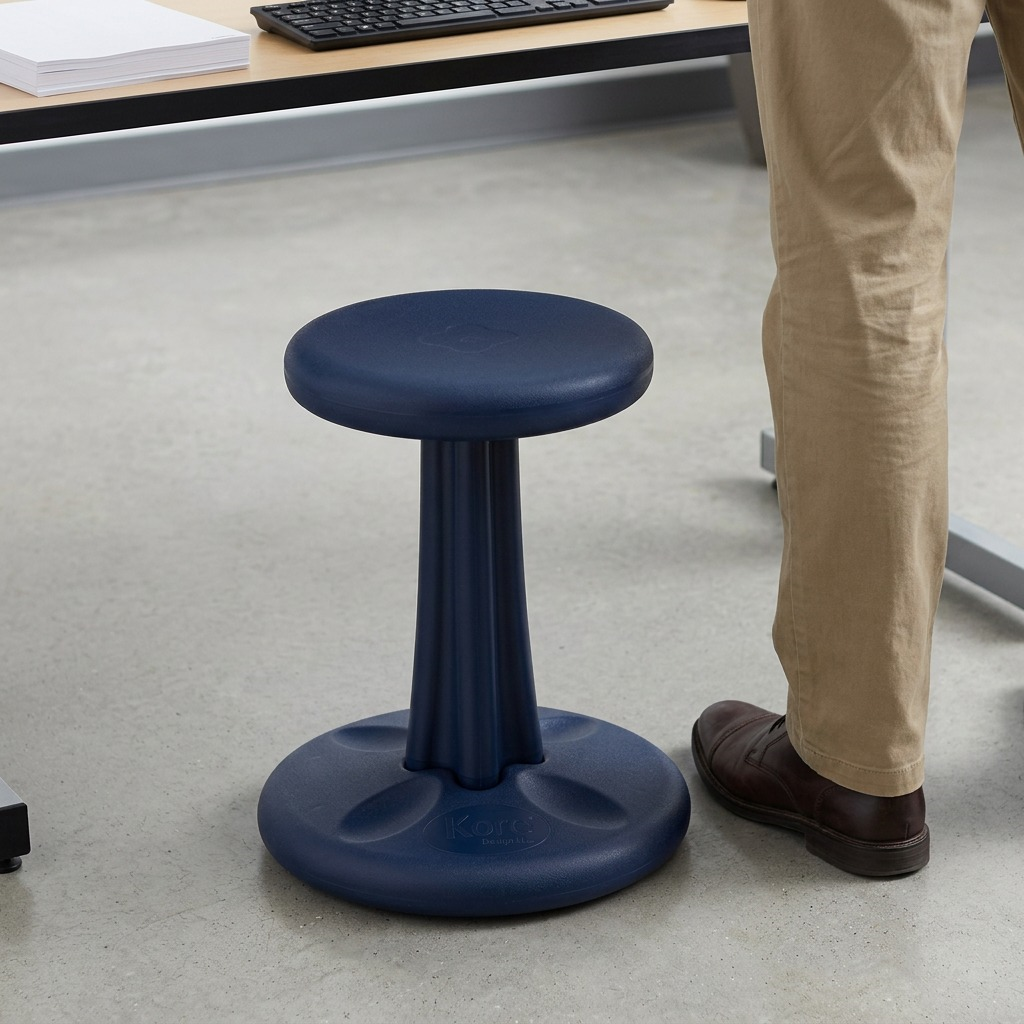 Scale reference of a dark blue 14-inch Kore Wobble Stool beside a person's leg and a desk.