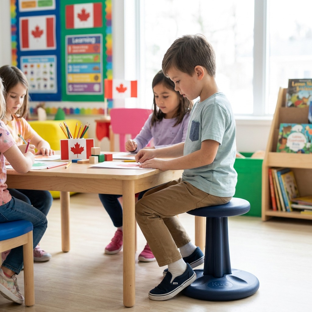 A young boy sits on a dark blue 14" Kore Wobble Stool while coloring at a table in a classroom.