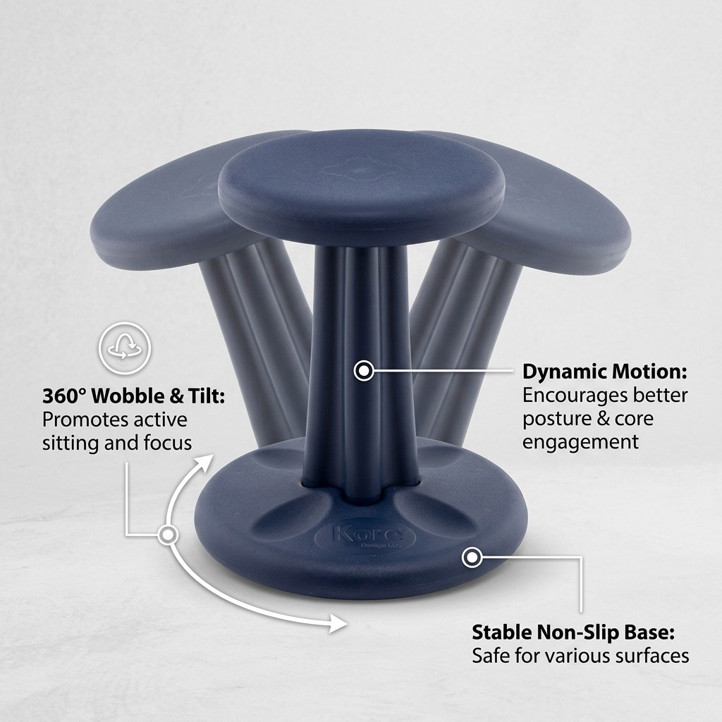 Dark blue Kore Wobble Stool infographic showing 360-degree tilt, dynamic motion, and non-slip base.
