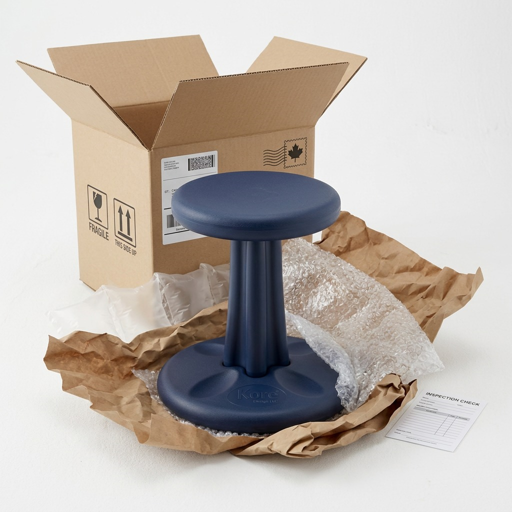 Dark blue Kore Wobble Stool unboxed from a secure shipping carton with bubble wrap and paper.