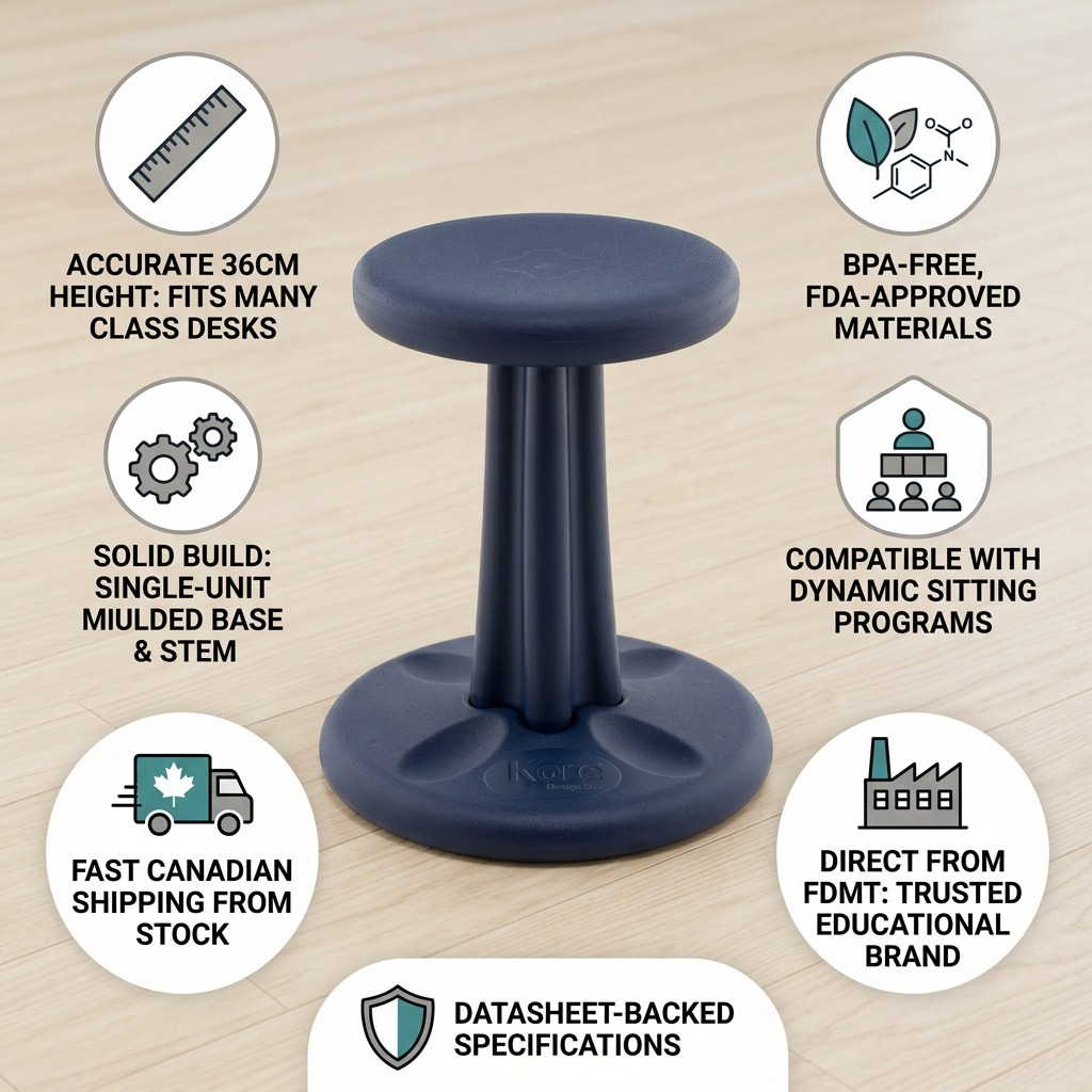 Trust infographic for the dark blue Kore 36cm Wobble Stool highlighting solid build and fast Canadian shipping.