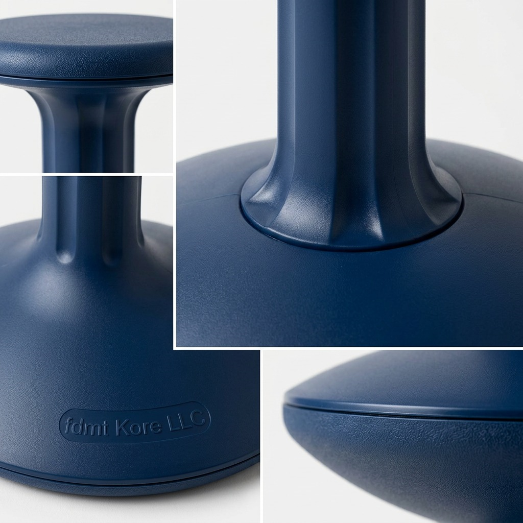 Macro close-up views of the dark blue Kore Wobble Stool highlighting durable textured plastic.