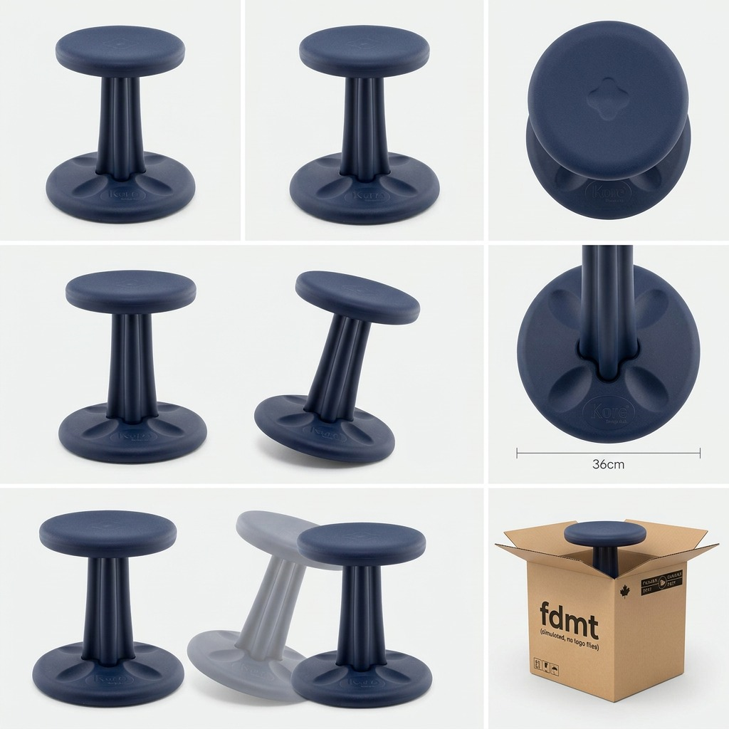 Grid showing the 36cm Dark Blue Kore Wobble Stool from multiple angles, top view, and packaging.