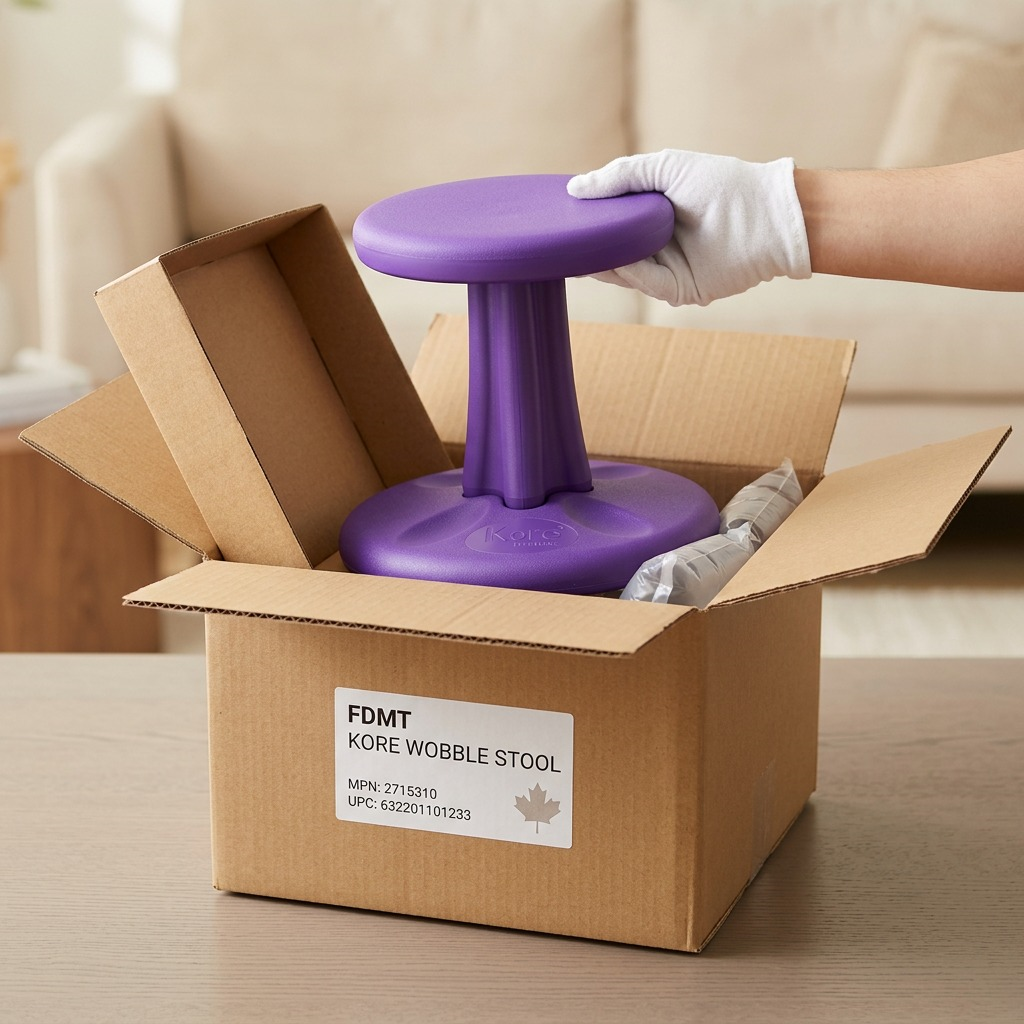 A purple Kore Toddler Wobble Stool being unboxed from a secure shipping box with air cushions.
