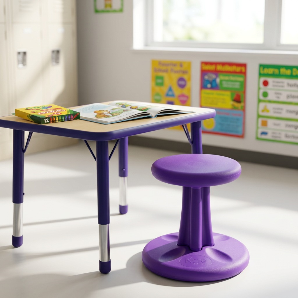 Purple Kore 30cm Toddler Wobble Stool next to a classroom activity table for size reference.