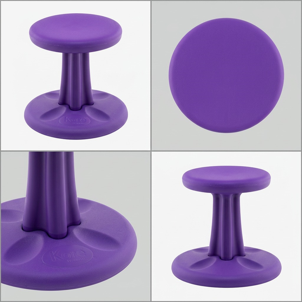 Four-panel view of the purple Kore 30cm Toddler Wobble Stool showing top, base, and side angles.