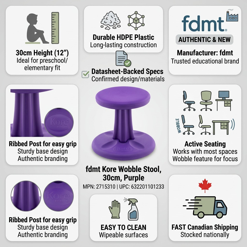 Infographic for fdmt Kore Purple 30cm Wobble Stool features HDPE plastic and fast Canadian shipping.