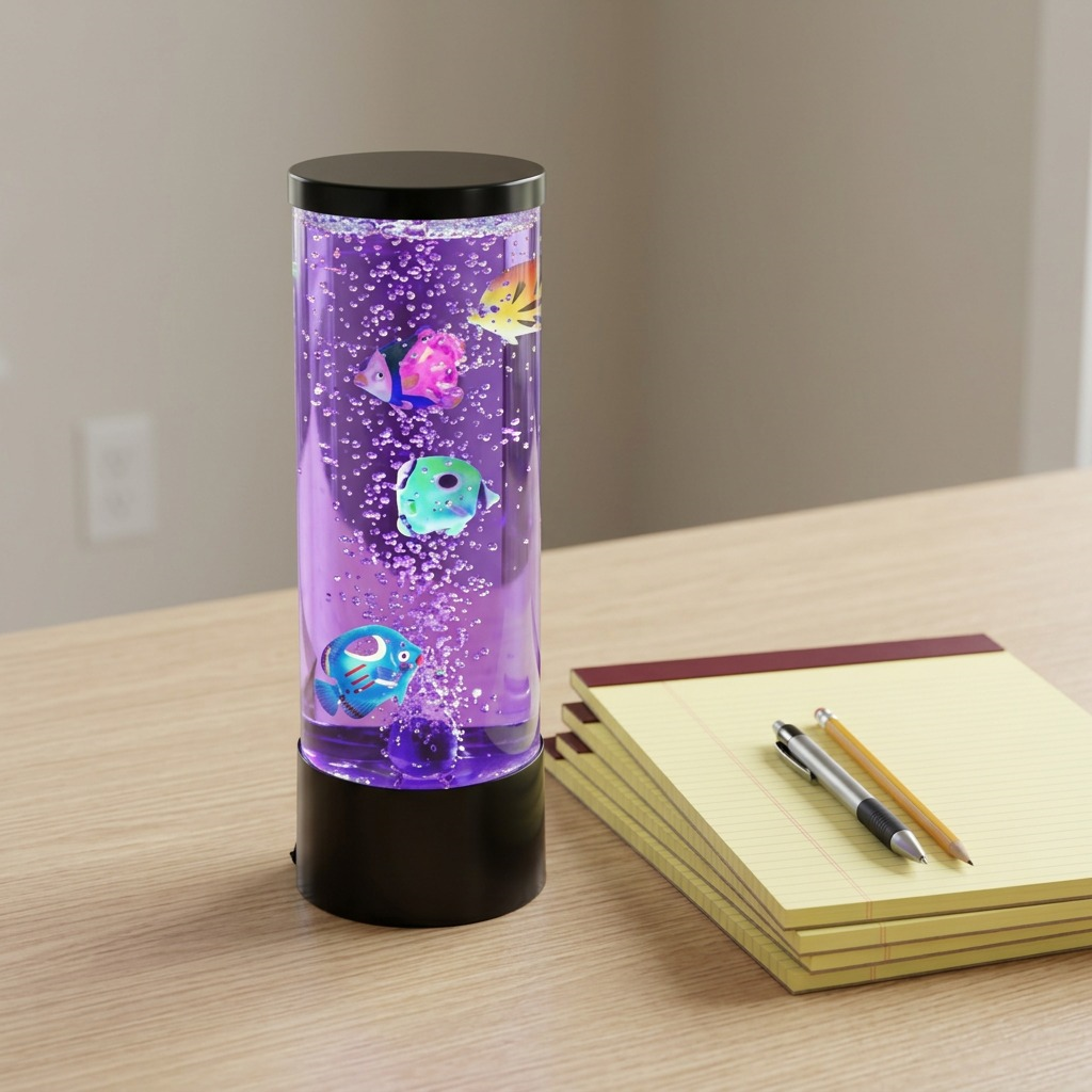 fdmt Bubblebloom Mini Bubble Tube (28cm) with purple LED light, artificial fish, and rising bubbles.