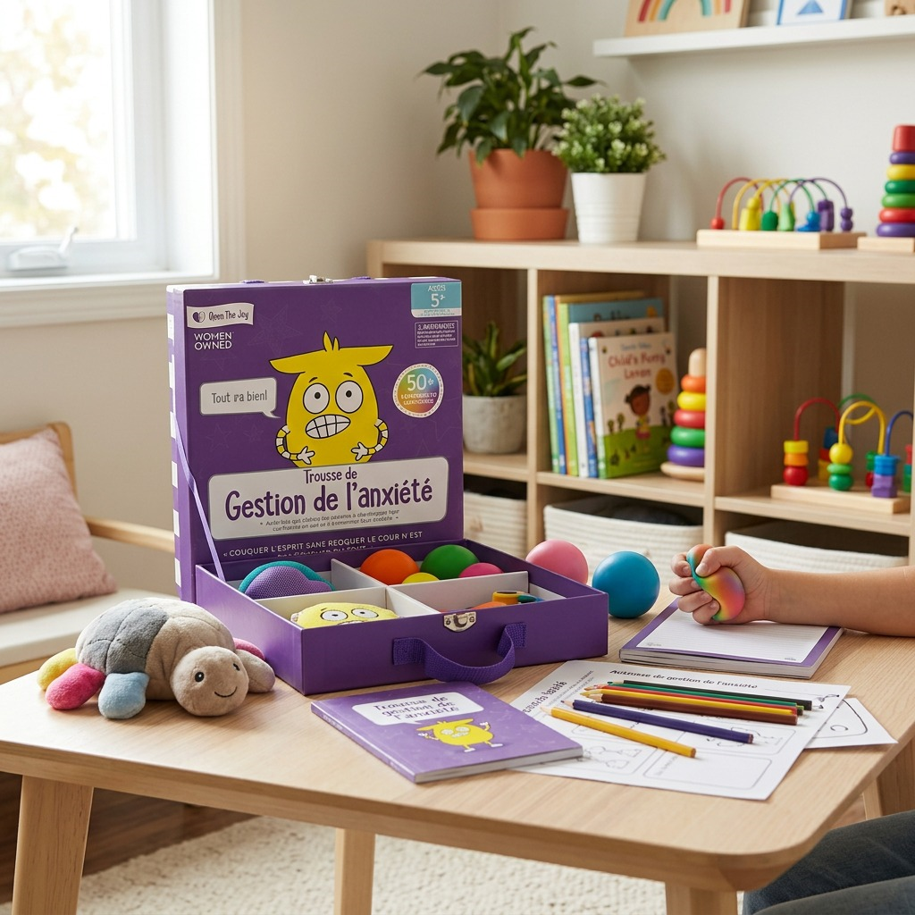 A photo-realistic lifestyle image of the fdmt French Anxiety Management Kit in a child's bedroom or therapy space, propped open on a table showing internal contents like a soft toy, stress ball, journal, and worksheets. A child's hand is visible interacting with a squishy toy. The backdrop is a blurred shelf with toys. Natural, warm lighting and shallow depth-of-field create a calm and inviting atmosphere.