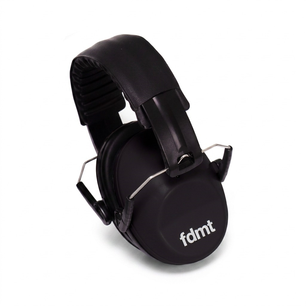 Black fdmt noise protection earmuffs with a padded headband and white brand logo on a white background.