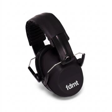 Black fdmt noise protection earmuffs with a padded headband and white brand logo on a white background.