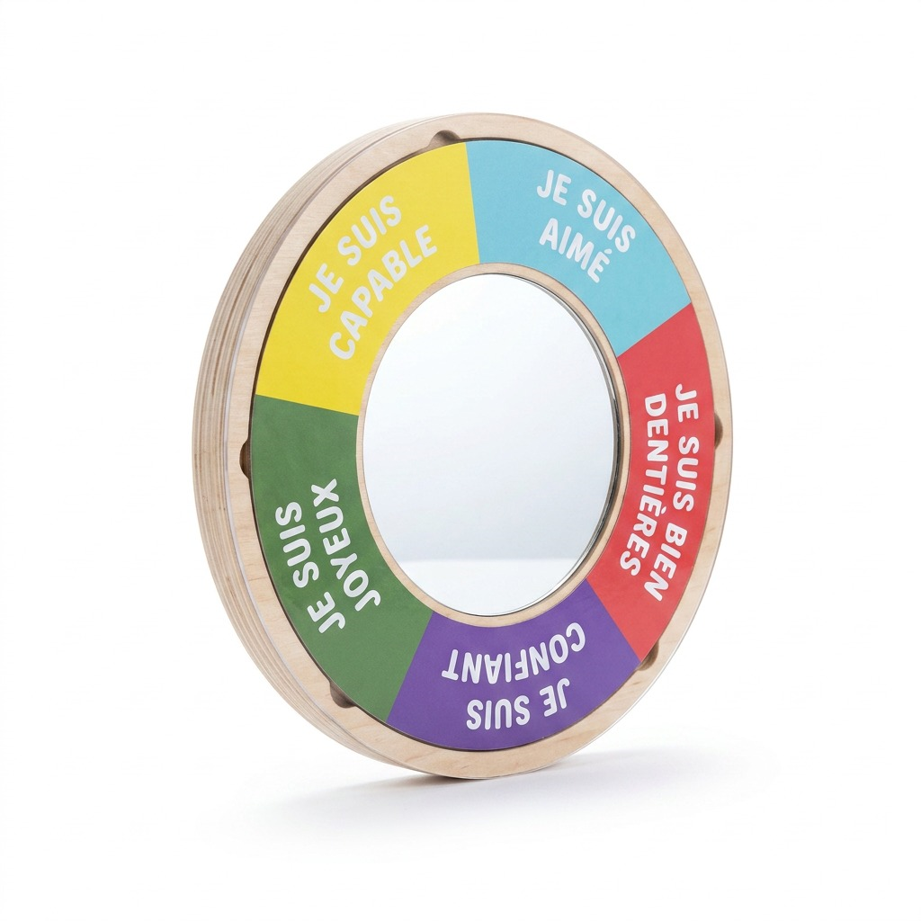 A high-resolution ecommerce hero shot of the colorful wooden and acrylic French confidence-building mirror.