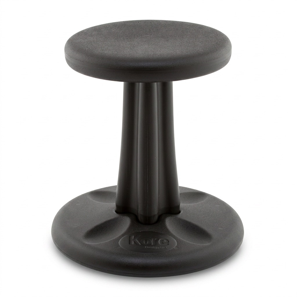 fdmt Kore Wobble Stool 36cm in black, featuring an ergonomic seat and rounded anti-tip base.