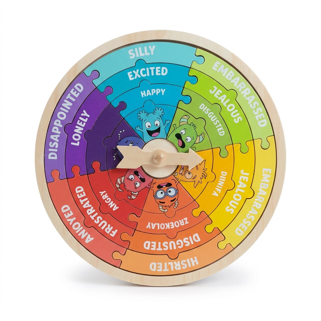 A high-resolution product shot of the 24-piece wooden My Emotions Wheel puzzle on a white background.
